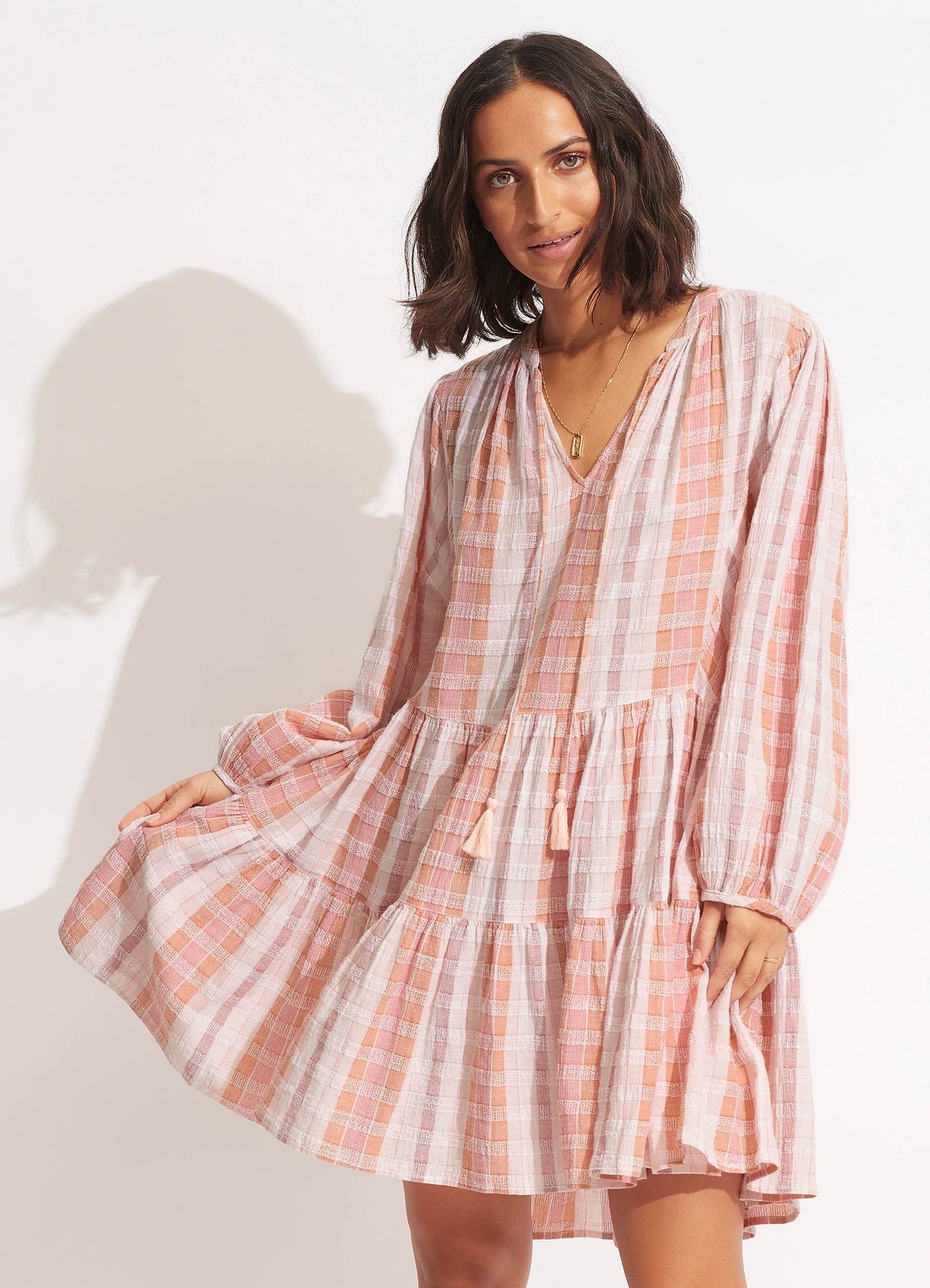 Textured Gingham Tiered Dress  - Lilac - Lilac