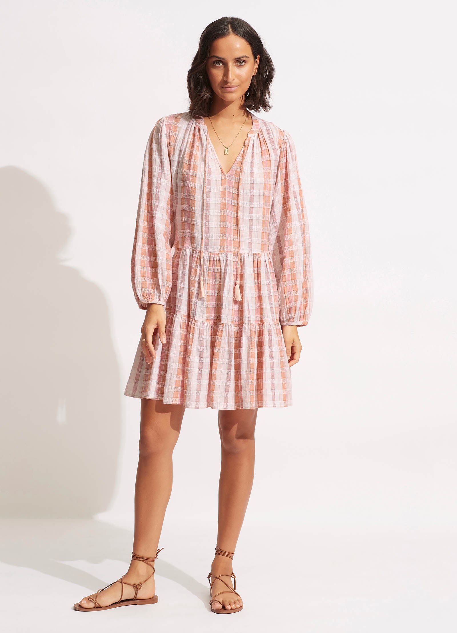 Textured Gingham Tiered Dress  - Lilac - Lilac view 2