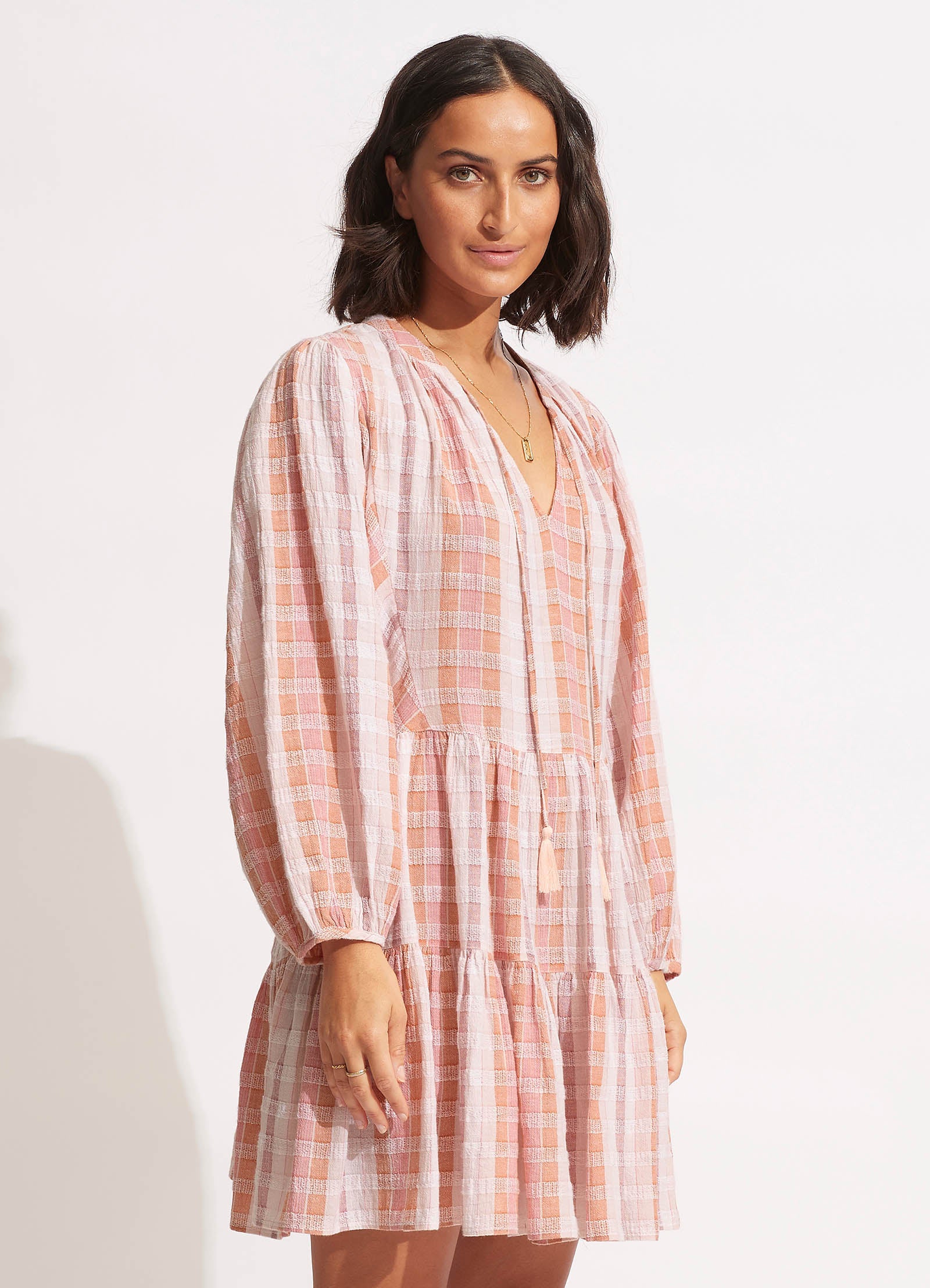Textured Gingham Tiered Dress  - Lilac - Lilac view 3