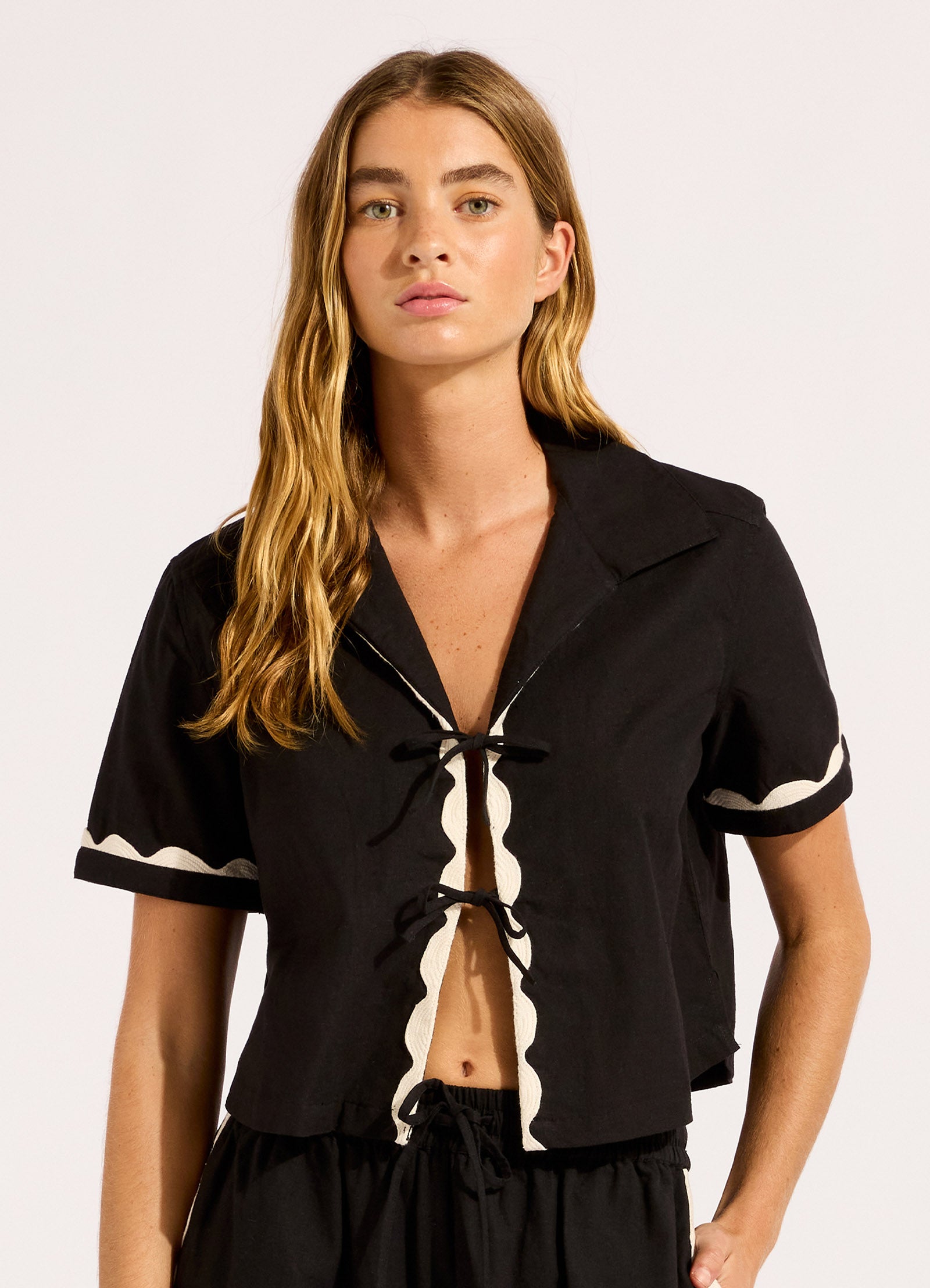 Tie Front Shirt - Black view 2