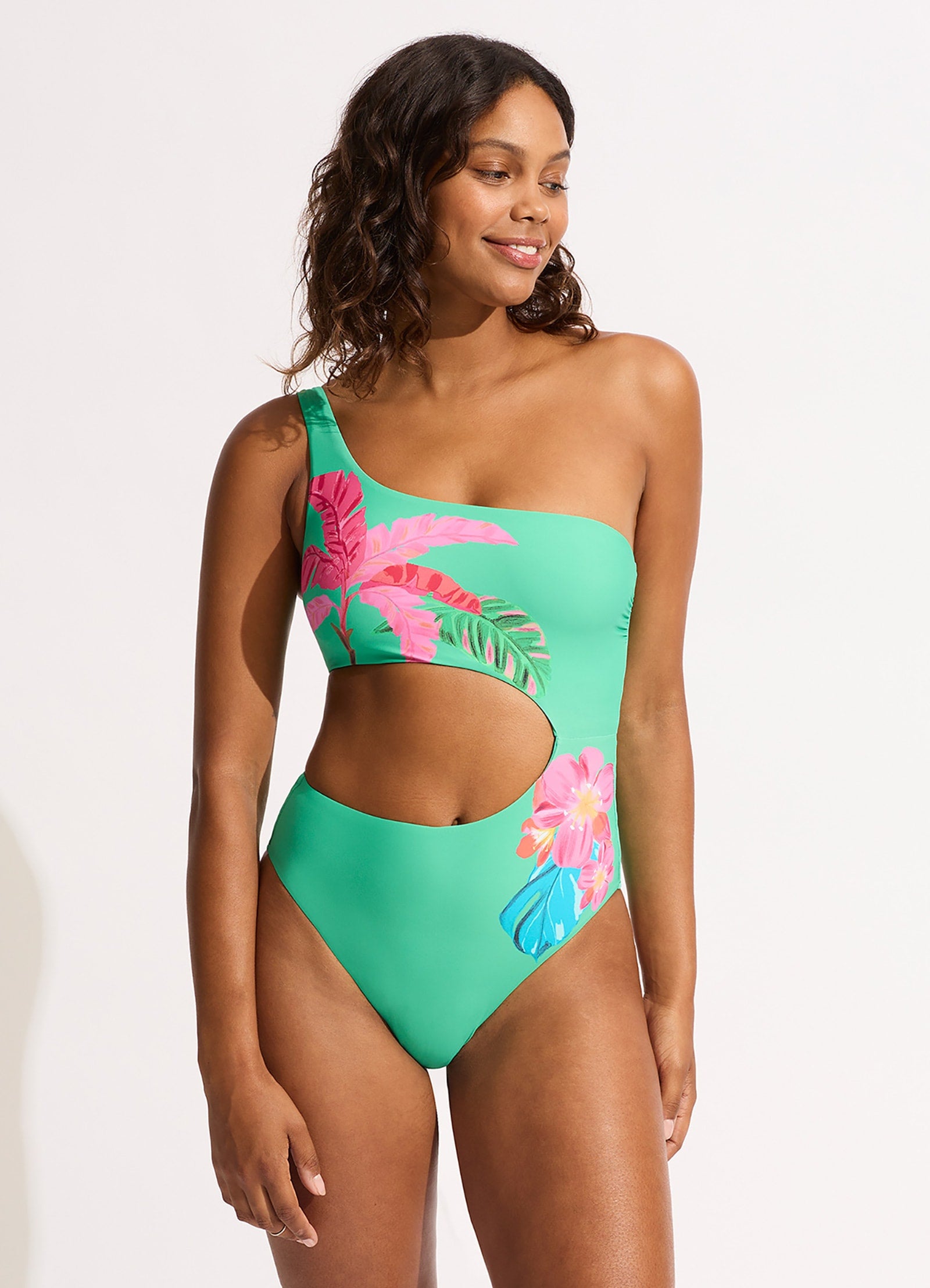 Tropica One Shoulder Cut Out One Piece - Jade - Jade