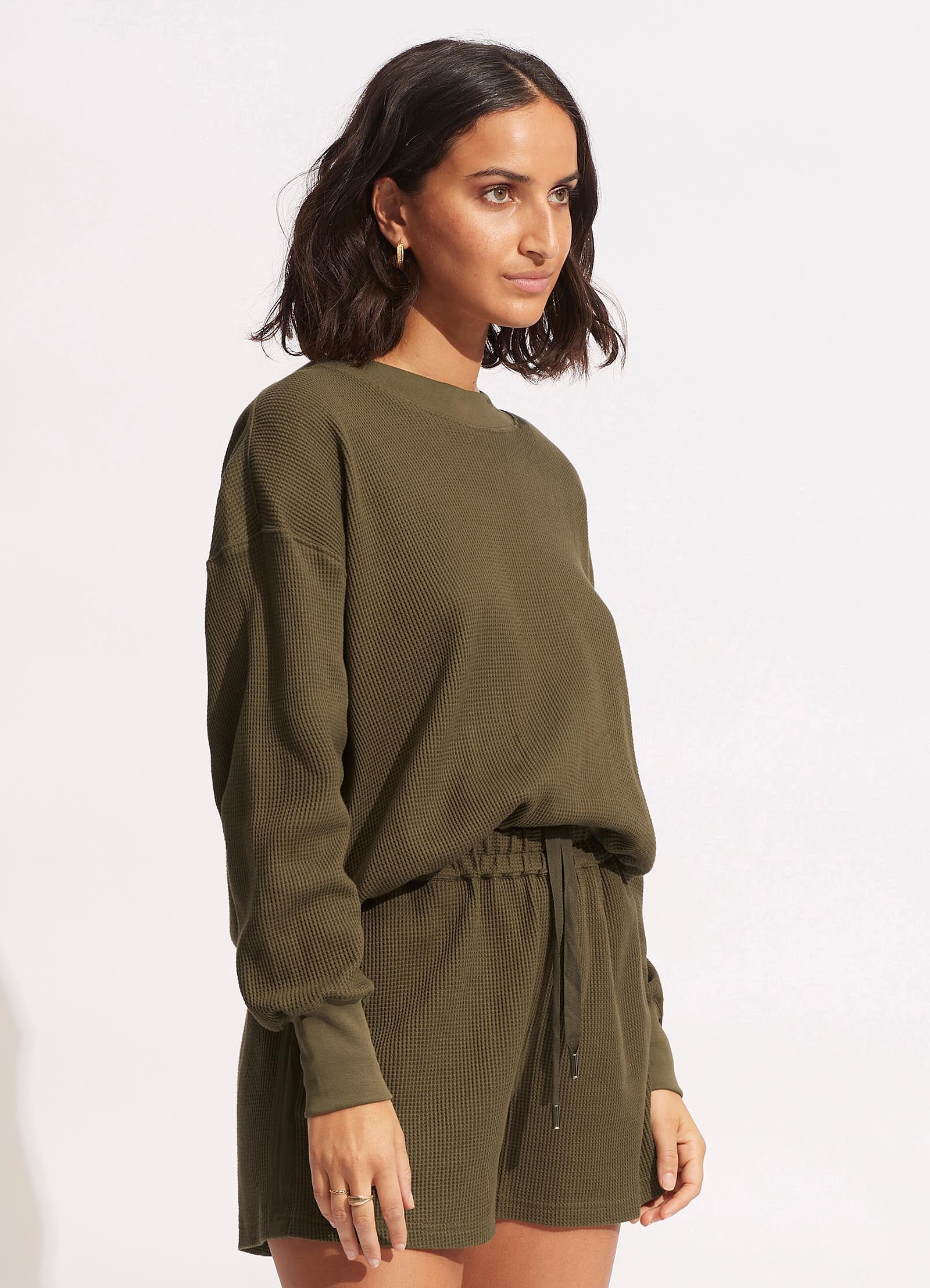 Waffle Sweat Top - Moss - Moss view 3