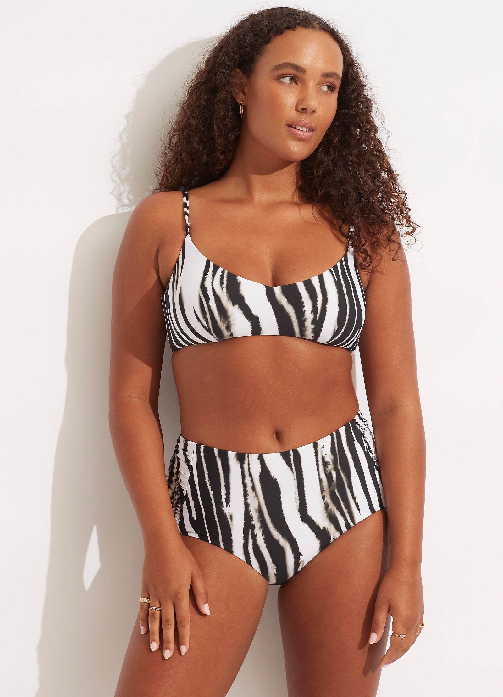 Zahara Ruched Side High Waisted Bikini Bottom - Black - Black